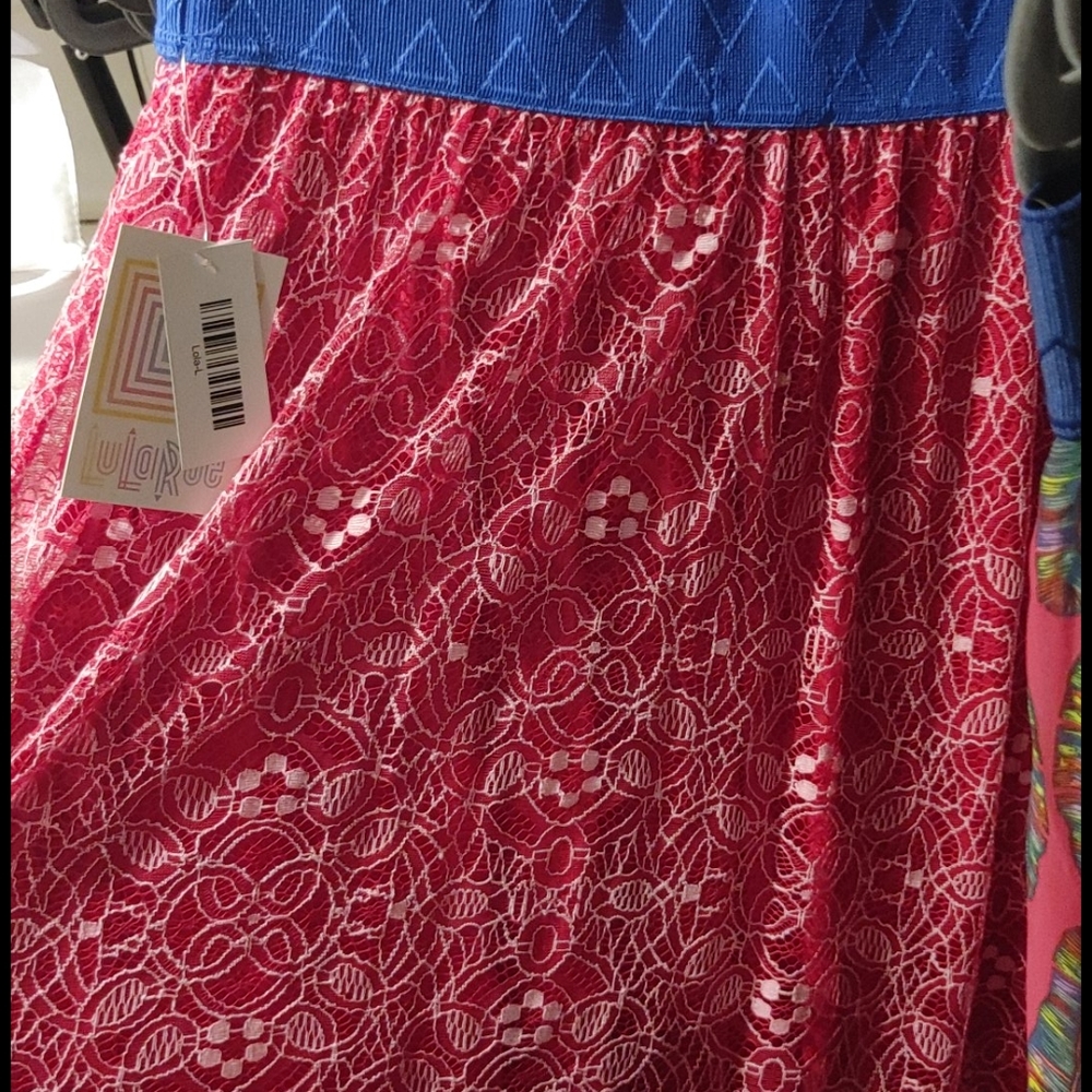 LuLaRoe Lola Skirt Large (Pink lace blue wasteband